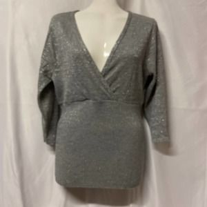 Dots Top Sweater Metallic Threads Ribbed Torso Plunge V Neck Size M Knit